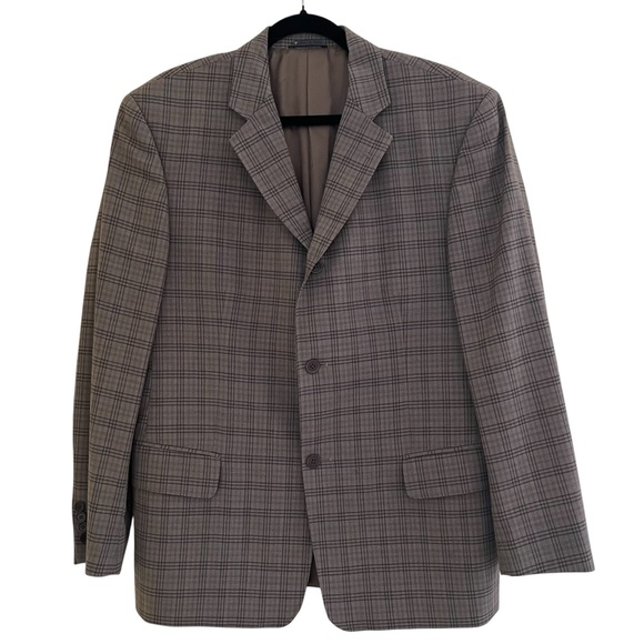 John Varvatos Tan with Black Plaid Wool Blazer 42R